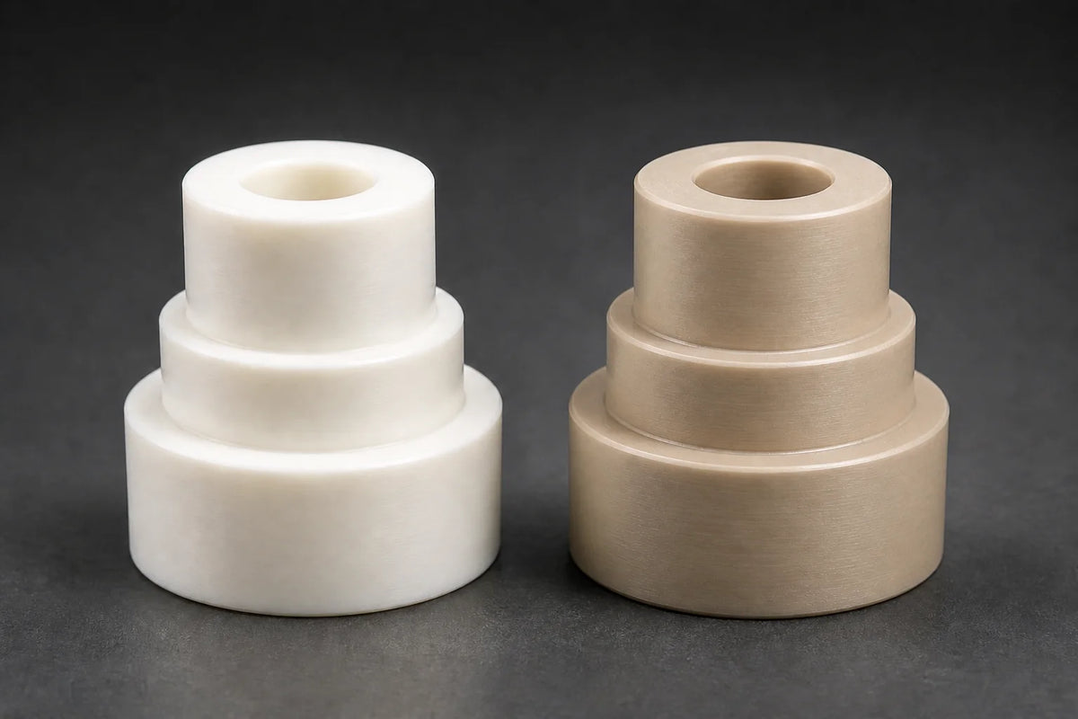 Ivory-white POM (acetal) and warm beige-tan PEEK machined bushings side by side for comparison